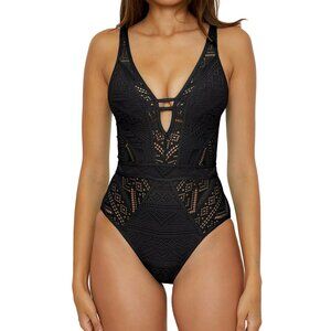BECCA by Rebecca  virtue cutout black crochet lace one piece swimsuit M